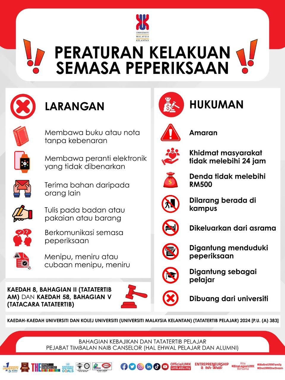 Peraturan Kelakuan Semasa Peperiksaan Akhir Semester September 2025/2026  oleh Urus Setia Tatatertib Pelajar, Pejabat Timbalan Naib Canselor (Hal Ehwal Pelajar dan Alumni) 20 Jan 2026